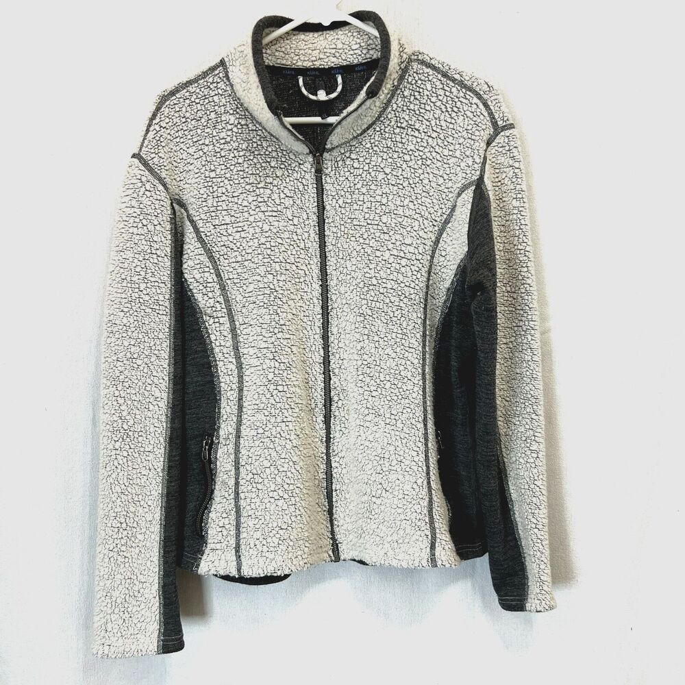 KUHL Jacket Coat Womens XL Cream Black Wool Flannel Sherpa Pockets Mountain Zip